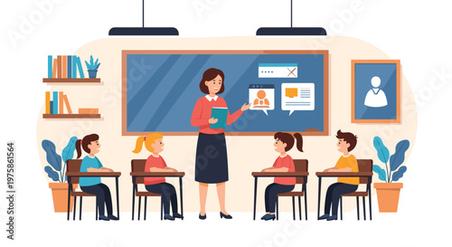 Friendly female teacher explains a lesson to a group of attentive young students sitting at their desks in a colorful modern classroom.