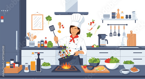Professional female chef in a white uniform toss stir-fry vegetables in a flaming pan in a well-equipped commercial restaurant kitchen.