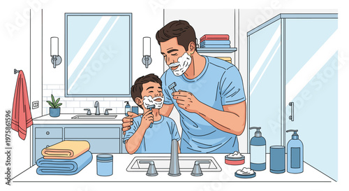 Loving father teaches his young son how to shave in front of a bathroom mirror during their morning routine at home.