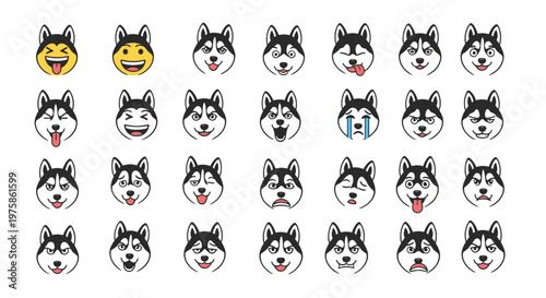 Collection of cute siberian husky emoji icons with different funny facial expressions and emotions displayed in a clean grid layout.