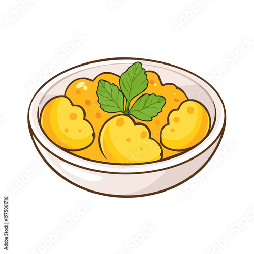 Cartoon Illustration of a Bowl of Yellow Food Garnished with Green Leaves