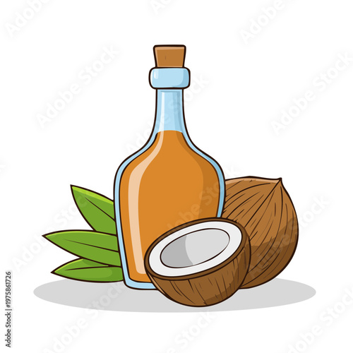 Natural Coconut Oil in a Glass Bottle with Fresh Coconuts and Green Leaves