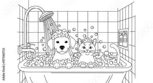 Coloring book page featuring a cute dog and a cat enjoying a bubbly bath in a tub with shampoo bottles on the side.