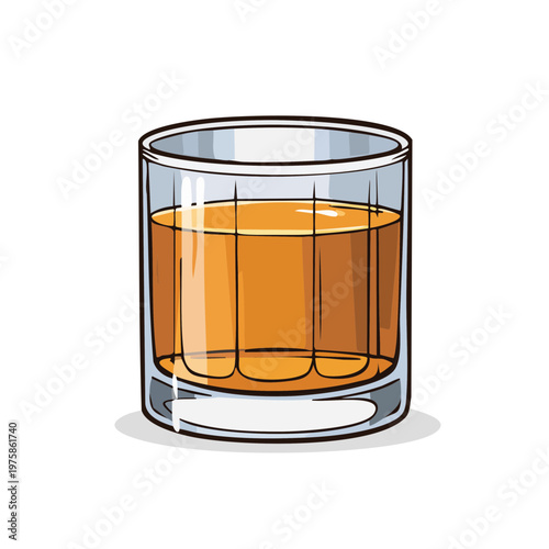 A full glass of amber colored whiskey or bourbon alcoholic beverage in a clear tumbler glass
