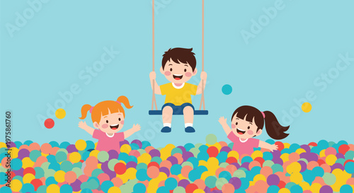 Happy children enjoy their time playing in a colorful ball pit and on a swing at a fun indoor playground center.