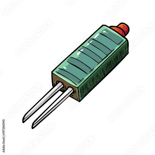 Hand drawn illustration of a green electronic component with two metal prongs and a red top