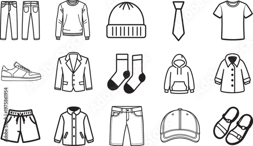 An artistic collection of fashionable clothing essentials, showcasing a variety of garments from jeans to socks in a clean, contemporary illustration.