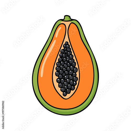 Cartoon illustration of a ripe papaya fruit cut in half revealing juicy orange flesh and black seeds