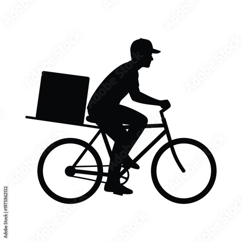 Black silhouette of delivery man riding bicycle with package, courier service icon, delivery cyclist vector, messenger bike rider