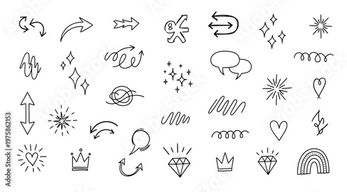 Set of handdrawn doodle elements, arrows, stars, hearts, speech bubbles, crowns, and diamonds