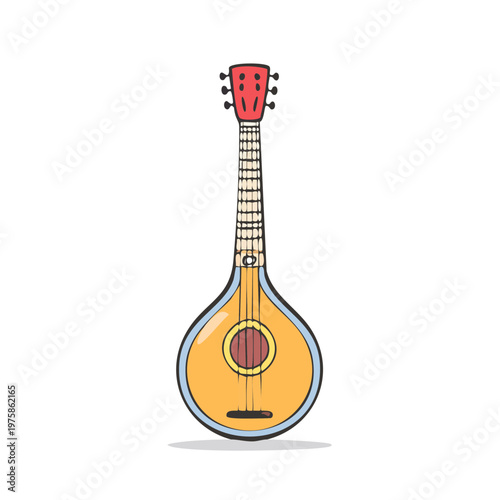 Hand-drawn illustration of a traditional Greek Bouzouki musical instrument, vibrant colors