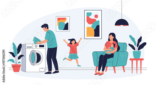 Busy family life depicted with a father doing laundry, a mother nursing a baby, and an energetic girl running in the living room.