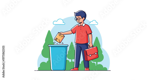 Young man in glasses disposing of an envelope into a blue trash bin while holding a briefcase outdoors with trees and sky.