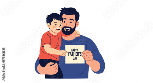 Smiling father holding his young son while the boy shows a Happy Father's Day card during a heartwarming celebration of family love.