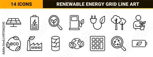 Green energy and eco sustainability minimalist line icons