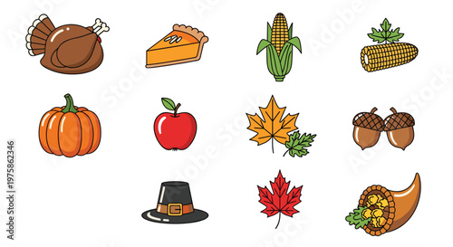 Set of colorful Thanksgiving and autumn themed icons including roasted turkey, pumpkin, apple, corn, maple leaves, and a pilgrim hat.