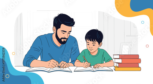 Dedicated father sitting at a desk helping his young son with his school studies while they both write in notebooks surrounded by books.