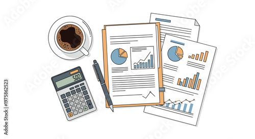 Overhead view of an organized business desk featuring a calculator, pen, coffee cup, and several financial reports with charts and graphs.