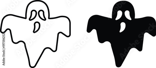 Spooky Halloween ghost vector icons, black silhouette and outline ghost characters, creepy phantom spirit illustrations for holiday decor