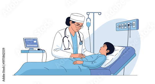 Caring female doctor examining a young boy lying in a hospital bed with medical monitoring equipment in a modern healthcare facility.