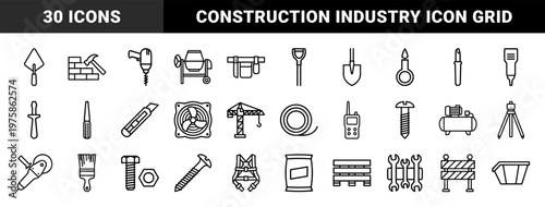 Construction tools and hardware minimalist outline icon grid