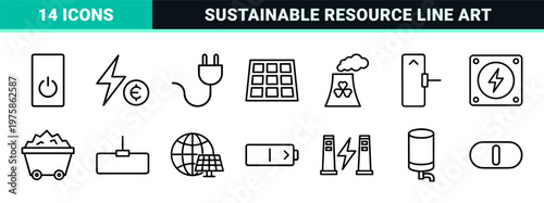 Renewable energy and green power utility minimalist outline icon set