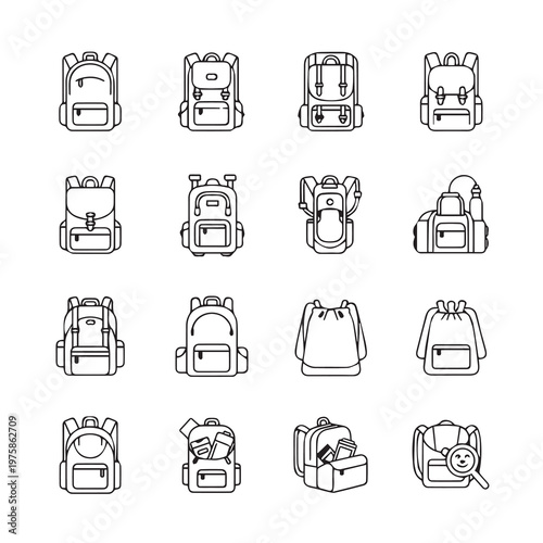 Collection of Backpacks and Bags in Line Art Style Various Designs and Sizes Isolated on White Background