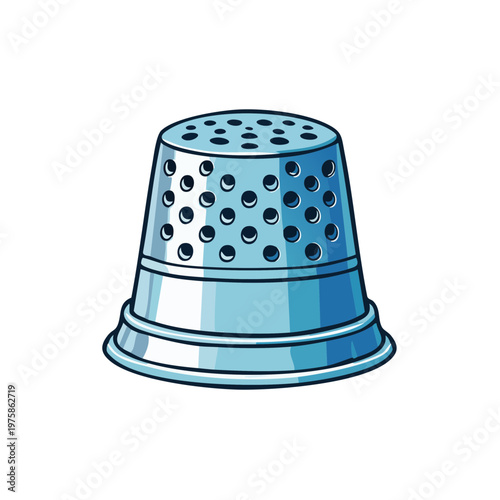 Silver thimble with many small holes used for sewing and protecting fingers