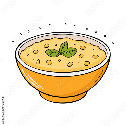 Hearty Yellow Soup in a Bright Orange Bowl Garnished with Fresh Green Basil Leaves