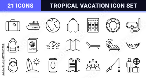 Minimalist summer holiday and travel line icon set
