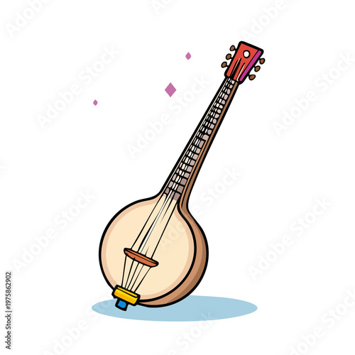 Cartoon banjo musical instrument with wooden neck and string detail in illustration style
