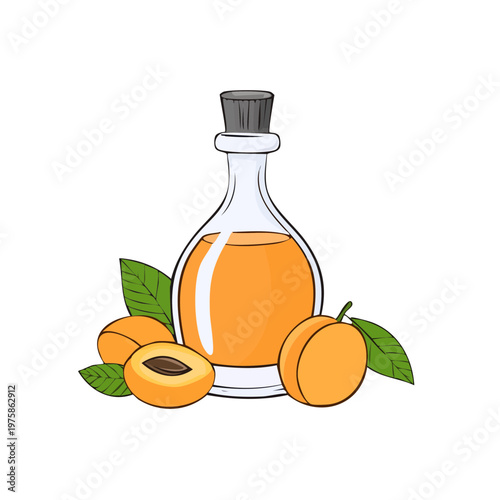 Clear glass bottle of apricot oil with whole and halved fruits and green leaves