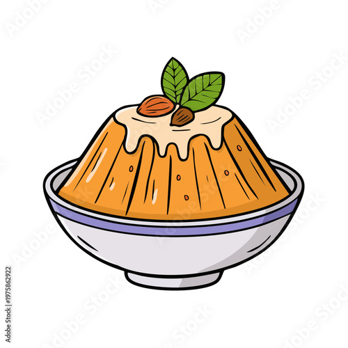 Hand drawn illustration of a delightful orange pudding with cream and almonds