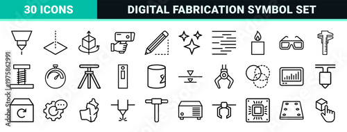 Additive manufacturing and 3D printing minimalist outline icons