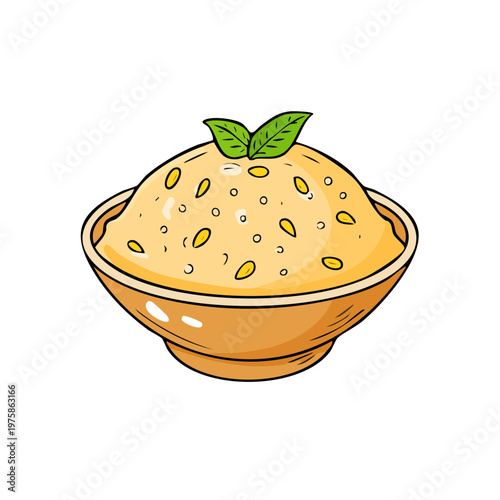 A bowl of creamy porridge with corn kernels and fresh mint leaves