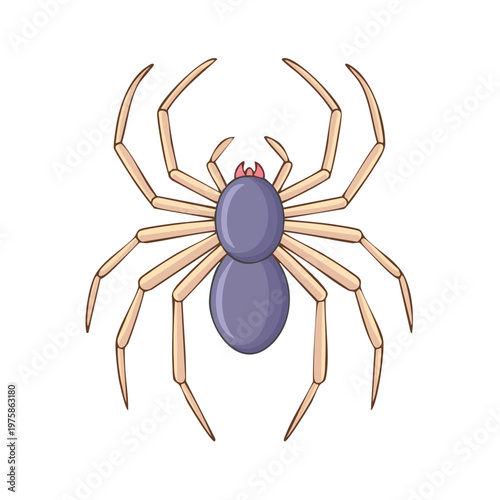 Cartoon illustration of a large spider with eight long legs and a purple body