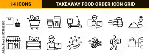 Minimalist food delivery and grocery line icons set