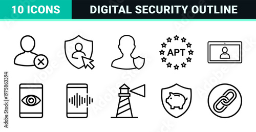 Security and data privacy icon set in minimalist outline style