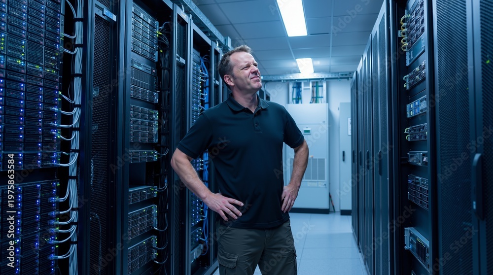 Fototapeta premium Caucasian man technician standing in data center server room looking frustrated and confused with hands on hips. Information technology problem and system failure stress