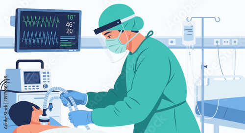 Doctor Intubating Patient in ICU with Ventilator and Monitor, Medical Emergency