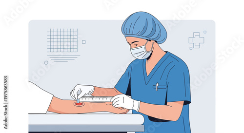 Doctor measuring wound on patient's arm, medical procedure illustration