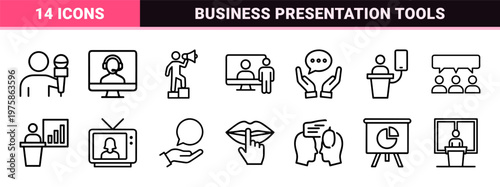 Minimalist communication and public speaking line icons