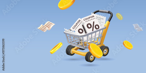 Online shopping promotion and discount coupon concept with 3D shopping cart, gold coins and vouchers, e-commerce marketing strategy, retail sale and digital consumerism illustration.