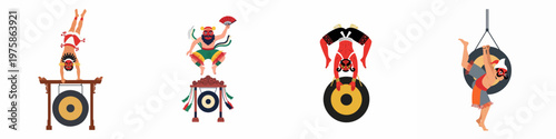 Set of traditional masked acrobats performing various stunts and handstands on ceremonial gongs, isolated on a white background.