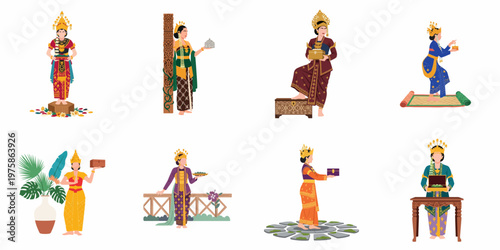 Set of flat illustrations featuring women in diverse traditional Indonesian costumes, showcasing rich cultural heritage, ethnic dresses, and ceremonial attire from various regions.