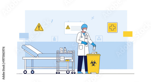 Doctor Disposing Medical Waste in Biohazard Bin in Examination Room