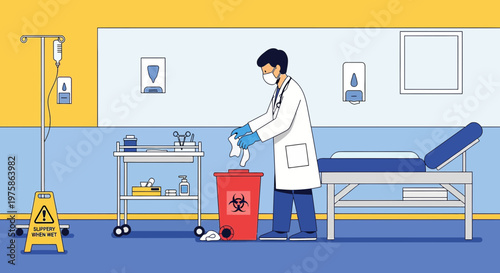 Doctor Disposing Medical Waste in Biohazard Bin in Clinic Examination Room