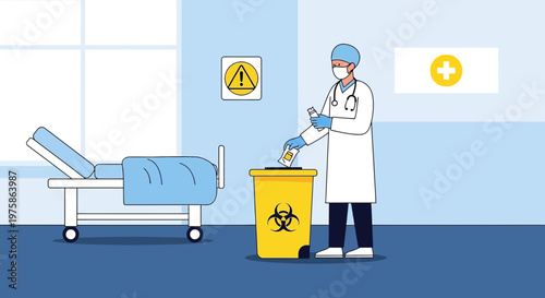 Doctor Disposing Medical Waste in Biohazard Bin in Hospital Room
