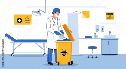 Doctor Disposing Medical Waste in Biohazard Bin in Clinic Examination Room