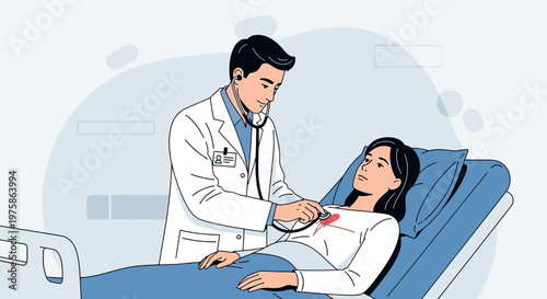 Doctor examines patient in hospital bed with stethoscope, medical checkup, healthcare concept